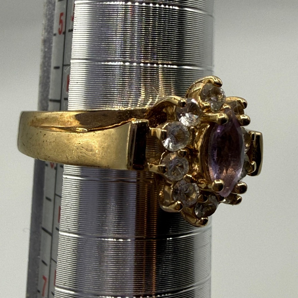 Vintage Gold Electroplate Marquise Purple Stone Halo Cluster Ring Size 6 GE - Picture 2 of 8